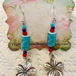 Paper Bead Earrings, Handmade Earrings, Boho Earrings, Aqua with Flower