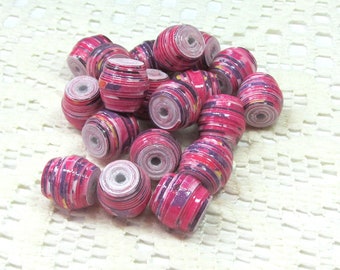 Paper Beads, Handmade Loose, Jewelry Making Supplies, Shorty Barrel, Floral on Bright Pink