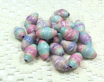 Paper Beads, Loose Handmade, Jewelry Making Supplies, Barrel, Soft Pastels Pink Blue Lavender