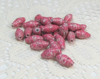 Paper Beads, Loose Handmade Jewelry Making Supplies Craft Supplies Heavily Distressed Country Hot Pink Fence