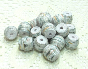 Paper Beads, Loose Handmade, Jewelry Making Supplies, Shorty Barrel, Sea Foam Mosaic with Gold Metallic