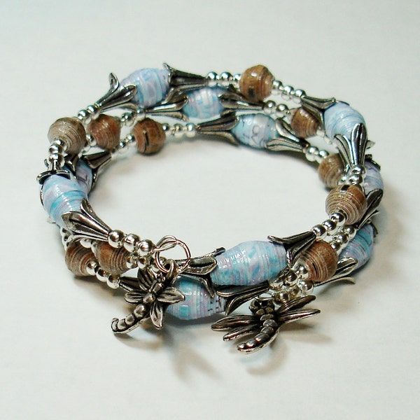 Memory Wire Paper Bead Bracelet (Blue & Brown with Dragonflies)