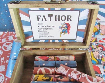 FaTHOR Scroll Box, Father's Day Gift, Wood Box filled with Quotes about Dads, Fa-THOR - Like a Dad but Way Mightier, Nerd Dad, Superhero Dad