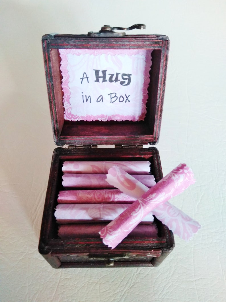 A Hug in a Box Caregiver Gift uplifting quotes in a wood box support gift caretaker gift husband cancer wife cancer Purple Scrolls