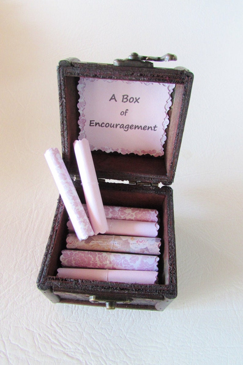 A Box of Encouragement Encouraging quotes in a wood box get well gift, cancer gift, care package, thinking of you, just because gift Pink Scrolls
