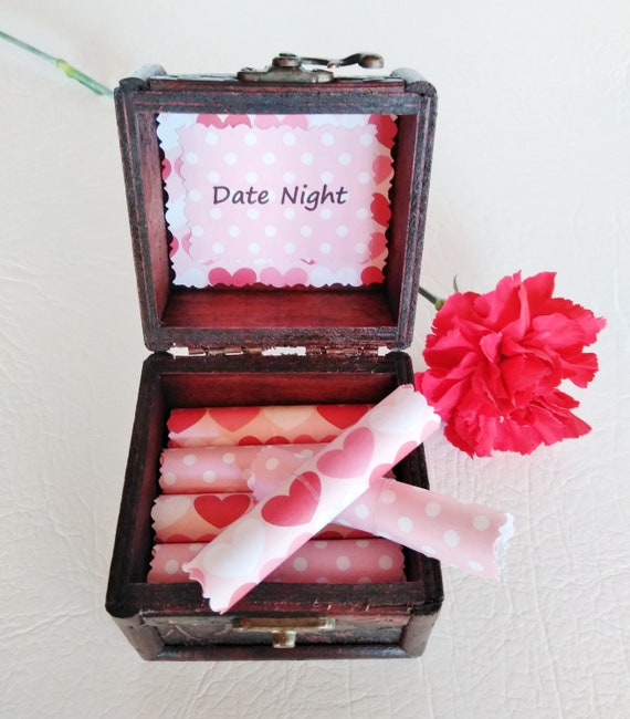 A Box of Romance, date night ideas and sexual favors in a wood box, valentines day gift for her, sexy coupon book, a treasure chest of fun,