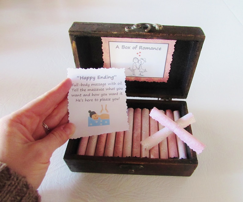 A Treasure Chest of Fun Date Night Ideas and Sensual Favors in a wood jewelry box Anniversary, Birthday, Christmas Gift Ideas for Her image 4