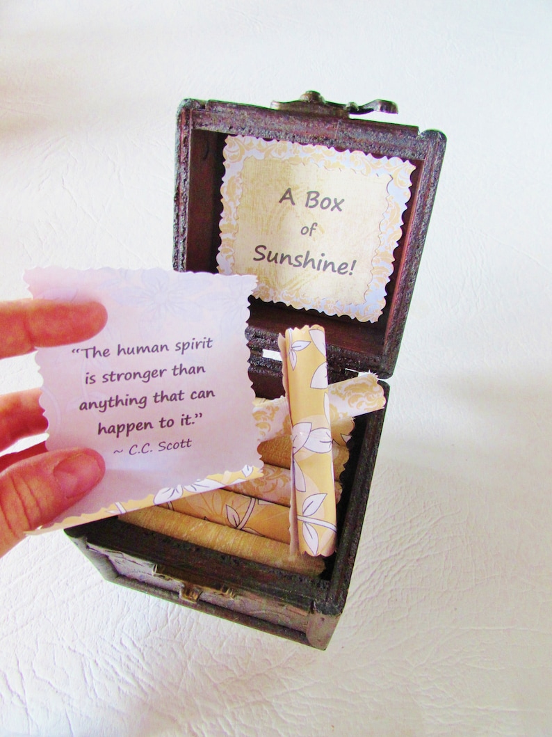 A Box of Sunshine Inspirational quotes on scrolls in a keepsake box sunshine gift, friend gift, bestie gift, pick-me-up, birthday gift image 2