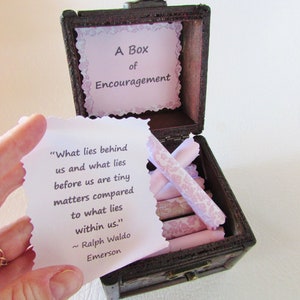 A Box of Encouragement, enouraging quotes in a wood box get well gift, lung cancer gift, ovarian cancer gift, divorce gift, breakup gift Pink Scrolls