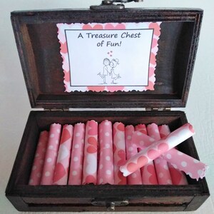 A Treasure Chest of Fun Date Night Ideas and Sensual Favors in a wood jewelry box Anniversary, Birthday, Christmas Gift Ideas for Her Valentines Scrolls