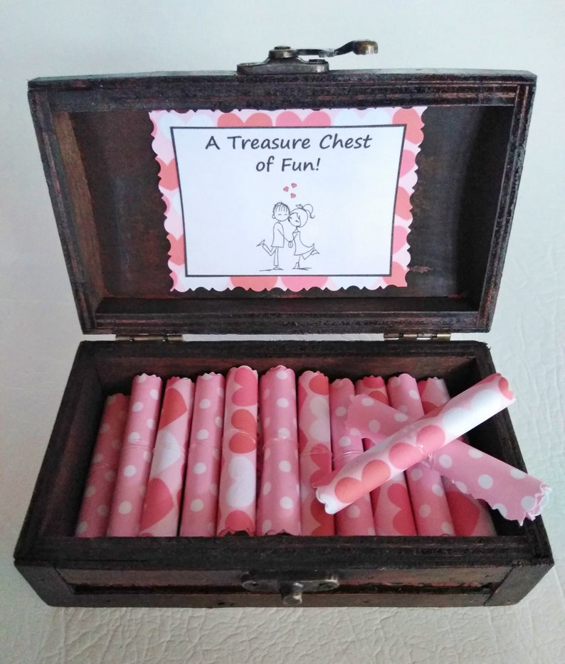 A Treasure Chest of Fun Date Night Ideas and Sensual Favors in a wood jewelry box Anniversary, Birthday, Christmas Gift Ideas for Her Valentines Scrolls