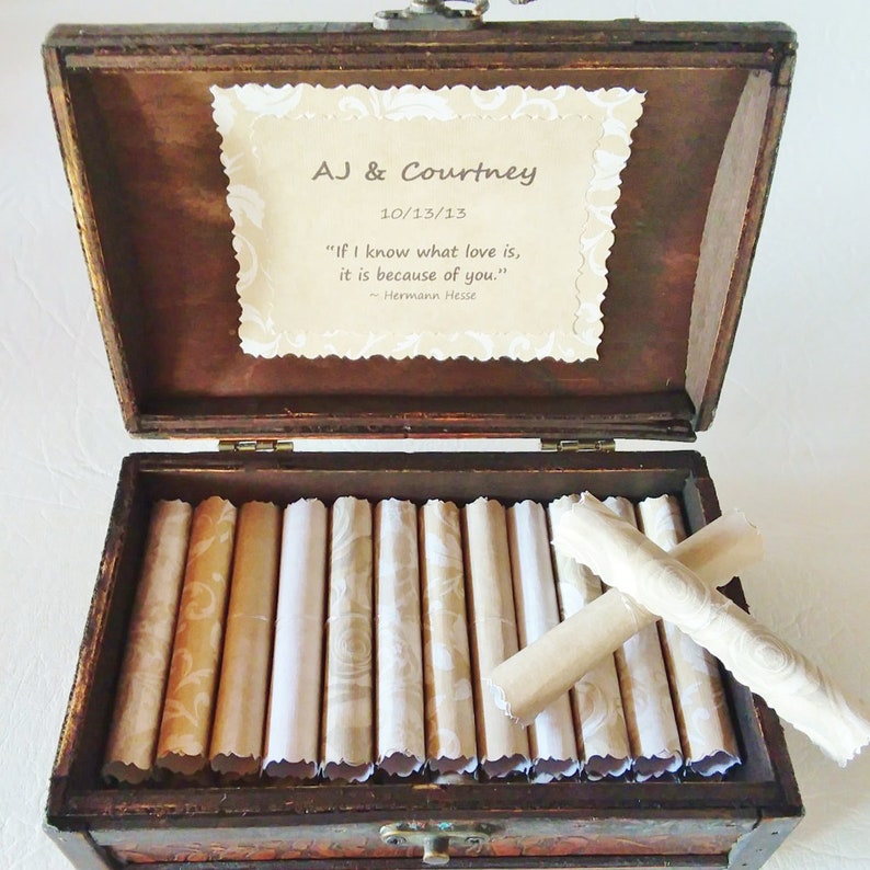 Pictured is an open wood jewelry box. Inside the box are rolled scrolls, each with a love quote. On the inside lid, printed on decorative paper, are a couple's names, wedding date, and a quote, If I know what love is, it is because of you.