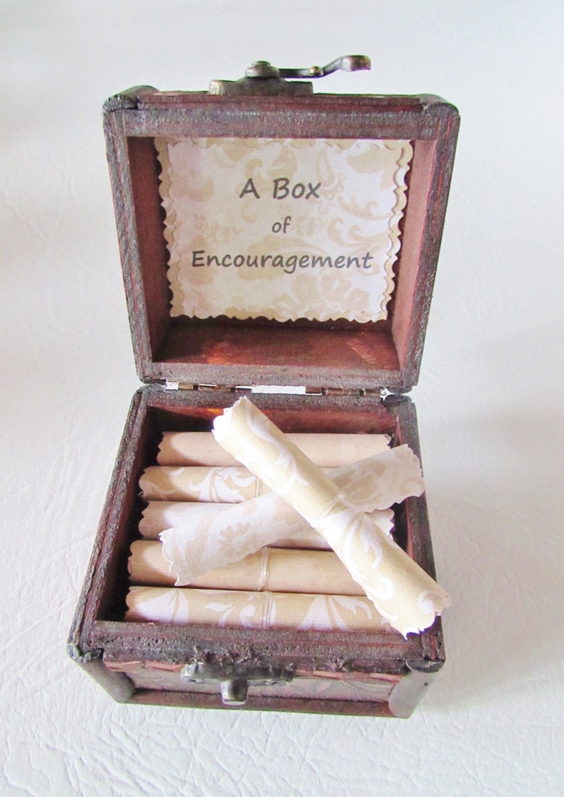 A Box of Encouragement, enouraging quotes in a wood box get well gift, lung cancer gift, ovarian cancer gift, divorce gift, breakup gift Neutral Scrolls