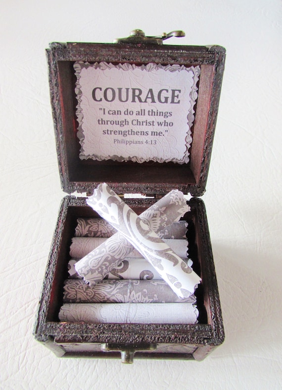 Courage Verse Bible Box - Uplifting, Encouraging Bible Verses on Scrolls in a Wood Box - Get Well Gift, Bereavement Gift, Thinking of you