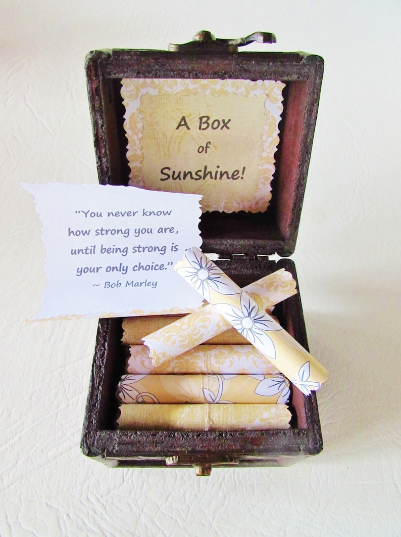 A Box of Encouragement Encouraging quotes in a wood box get well gift, cancer gift, care package, thinking of you, just because gift Yellow Scrolls