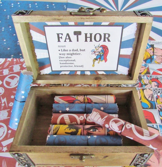 FaTHOR Scroll Box, Father's Day Gift, Wood Box filled with Quotes about Dads, Fa-THOR - Like a Dad but Way Mightier, Nerd Dad, Superhero Dad