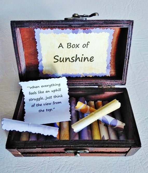 A Box of Sunshine - encouraging quotes in a wood box, encouragement gift, breast cancer gift, get well gift, divorce gift, breakup gift