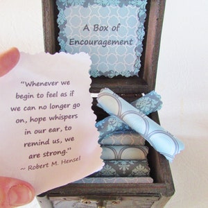 A Box of Encouragement Encouraging quotes in a wood box get well gift, cancer gift, care package, thinking of you, just because gift Blue Scrolls