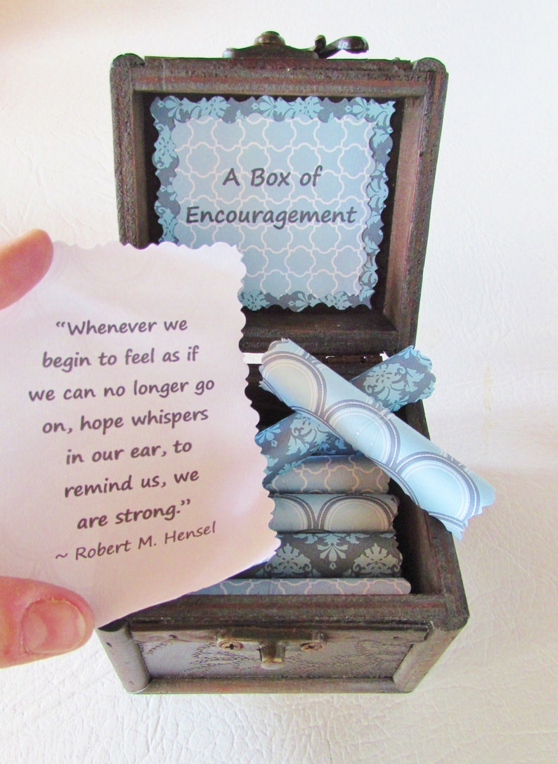 A Box of Encouragement Encouraging quotes in a wood box get well gift, cancer gift, care package, thinking of you, just because gift Blue Scrolls