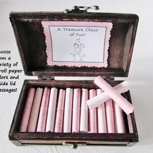 A Treasure Chest of Fun Date Night Ideas and Sensual Favors in a wood jewelry box Anniversary, Birthday, Christmas Gift Ideas for Her Pink Scrolls