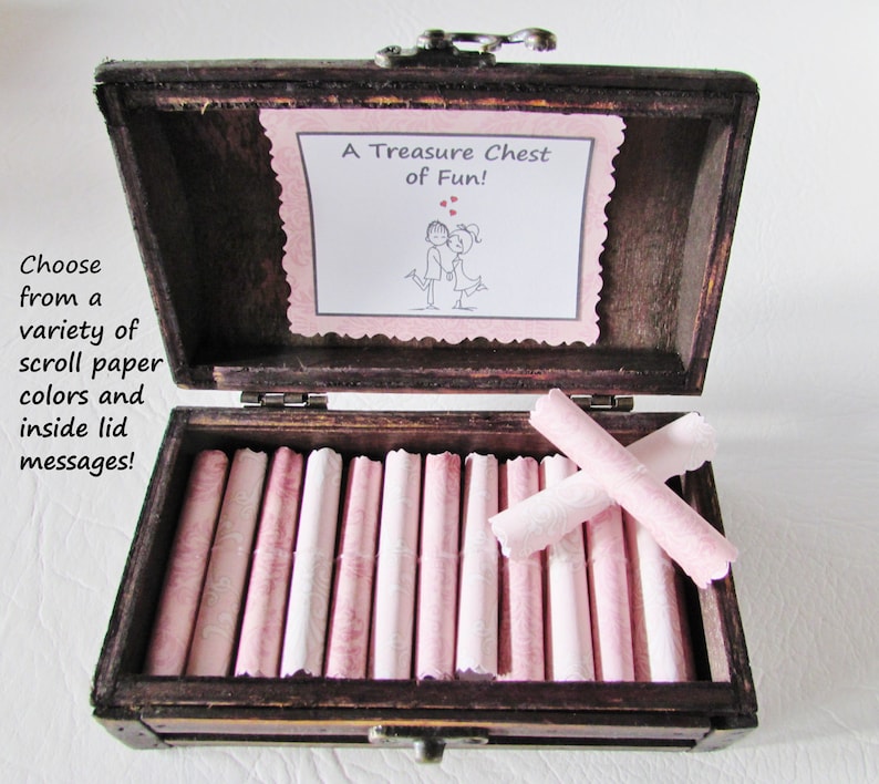 A Treasure Chest of Fun Date Night Ideas and Sensual Favors in a wood jewelry box Anniversary, Birthday, Christmas Gift Ideas for Her Pink Scrolls