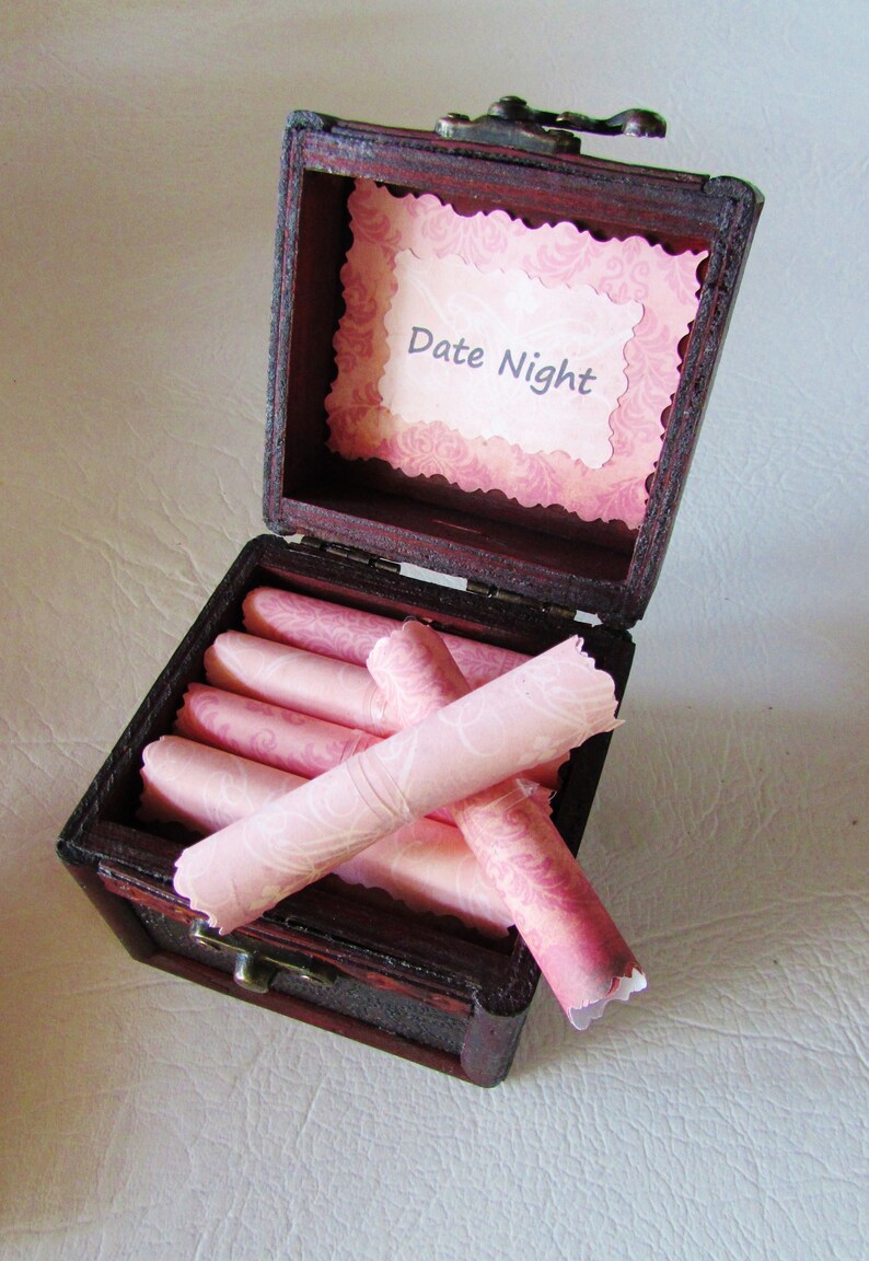 Date Night Box romantic date night ideas in a wood jewelry box, wife gift idea, gift idea for her, girlfriend gift idea, christmas Pink Scrolls