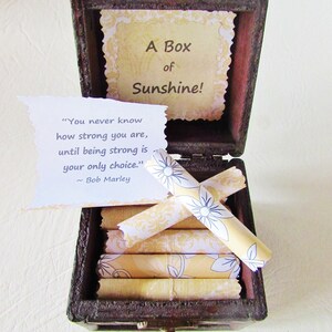 A Box of Encouragement, enouraging quotes in a wood box get well gift, lung cancer gift, ovarian cancer gift, divorce gift, breakup gift Yellow Scrolls