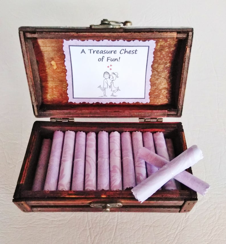 A Treasure Chest of Fun Date Night Ideas and Sensual Favors in a wood jewelry box Anniversary, Birthday, Christmas Gift Ideas for Her Purple Scrolls