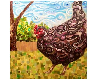 Funky abstract chicken hen yard artwork print