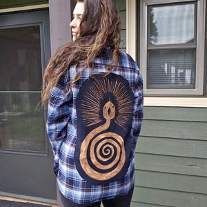 The Shining Celestial Serpent Upcycled Flannel Button Down Ecofashion Ecofriendly Esoteric Bleach Art Thrift Flip