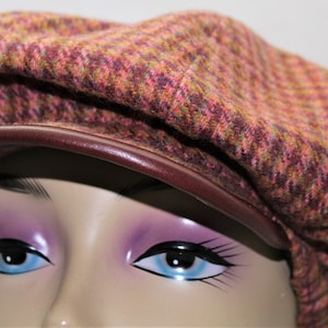 Wool Plaid  &quot;Apple Jack&quot; / News boy hat w/ lambskin leather  trim