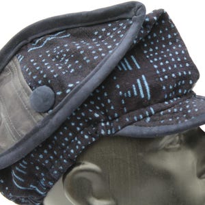 Indigo Mudcloth and upcycled leather  2 Button "Trilo Tilt"with Suede trim