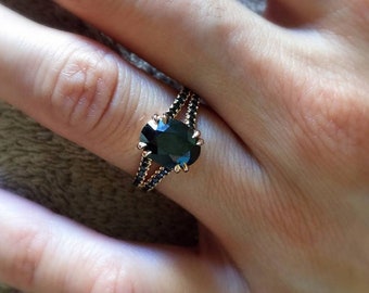 Oval Black Diamond Engagement Ring: 18k Rose Gold Split Shank