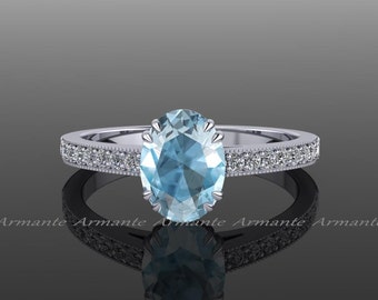 Oval Aquamarine Engagement Ring, Diamond And Aquamarine Engagement Ring, 14K White Gold, Milgrain Edges, RE014W