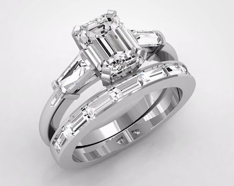Platinum Baguette Cut Engagement Rings, Wedding Ring Set, Platinum Engagement Ring Set, Colorless Forever One Moissanite, Emerald Cut Ring