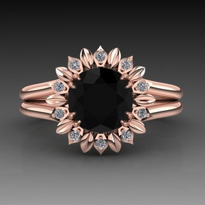 Sunflower Black Diamond Engagement Ring Rose Gold Flower Diamond Ring