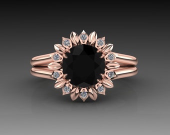 Sunflower Black Diamond Engagement Ring: 14K Rose Gold Floral Halo