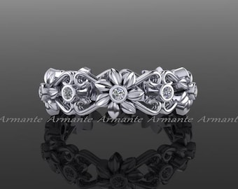 Floral Wedding Band, Flower Band, 14K White Gold Diamond Band, Wedding Ring, Eternity Band, Right Hand Ring. RE0026