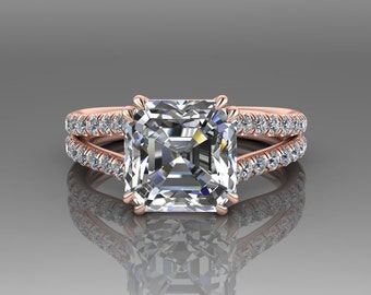 Engagement Ring Moissanite Ascher Cut / 18K Rose Gold Forever One Wedding Ring / Split Shank Diamond Engagement Ring / Wedding Ring RE182W