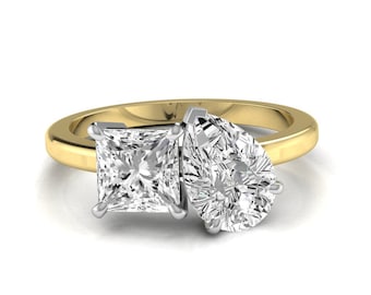 Two-Stone Moissanite Engagement Ring: Pear & Princess Cut, 14K Gold Ring