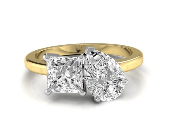 Double Stone Engagement Ring Pear Cut and Princess Cut Moissanite Wedding Ring 14K White and Yellow Gold 2.50 Carat