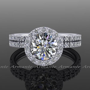 Halo Moissanite And Natural Diamond Bridal Set, 14k White Gold Engagement Set, Halo Ring, Wedding Ring, Wedding Set Re00060