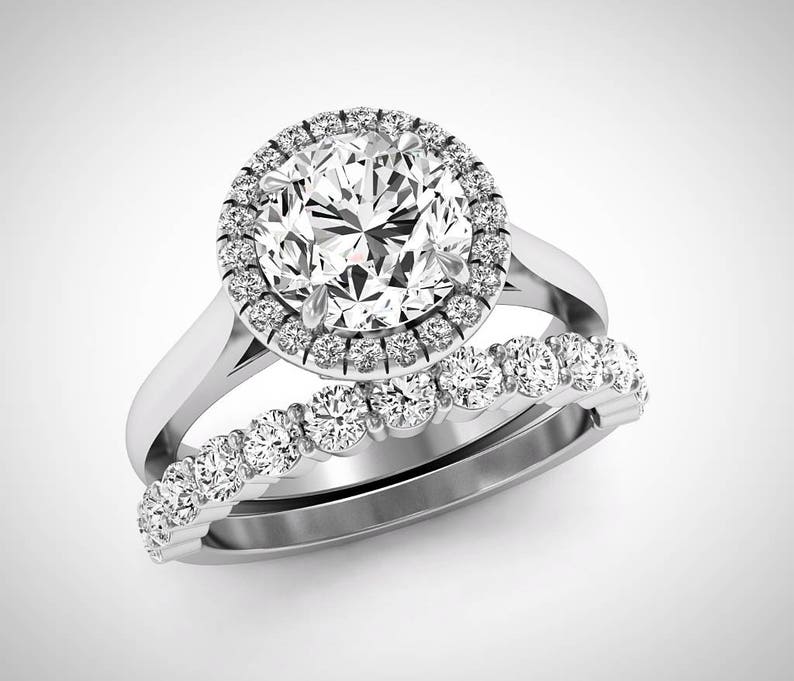 Halo Engagement Ring Set, Round Halo Wedding Set, Moissanite Rings, Diamond Halo Ring, White Gold Rings, Forever One Moissanite Rings image 1