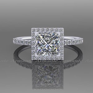 Square Moissanite Engagement Ring  14K White Gold Diamond Halo Ring  1.30 carat Moissanite Wedding Ring