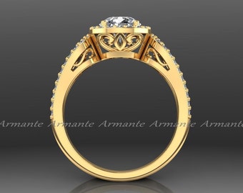 14K Yellow Gold Halo Engagement Ring: Lab Grown Diamond Filigree Ring