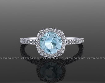Aquamarine Engagement Ring, Diamond Alternative, Halo Engagement Ring, 14k White Gold, Promise Ring Re00071
