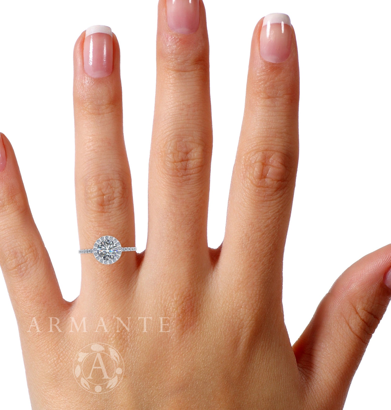 White Sapphire Engagement Ring 14k White Gold Halo Wedding Etsy