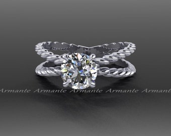 Forever One Moissanite Platinum Engagement Ring, Criss Cross Solitaire Ring 1.00 Carat Round Moissanite Engagement Ring RE00087PLFO