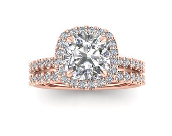 Engagement Ring Set / Bridal Ring Set /  Forever One Moissanite / Halo Cushion Cut / Natural Diamonds / 14K Rose Gold / 1.70 Carat