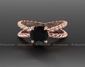 Round Black Diamond Engagement Ring: 14K Rose Gold Cable Solitaire